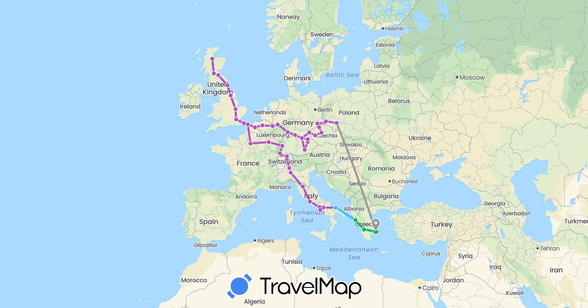 TravelMap itinerary: driving, bus, plane, train, boat in Belgium, Switzerland, Czech Republic, Germany, France, United Kingdom, Greece, Italy, Poland (Europe)